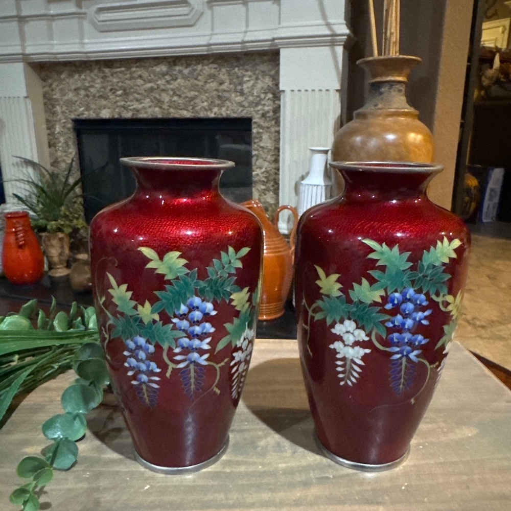 2 Antique Japanese Cloisonné Vases w/Floral Design - Rich Red w/Wisteria Motif
